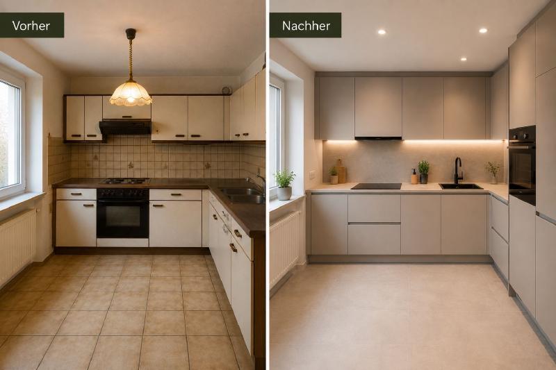 Küchenrenovierung Vorher/Nachher – helle, moderne Küche nach der Modernisierung